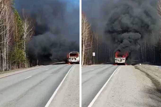 Автобус с 30 пассажирами загорелся на ходу на российской трассе и попал на видео